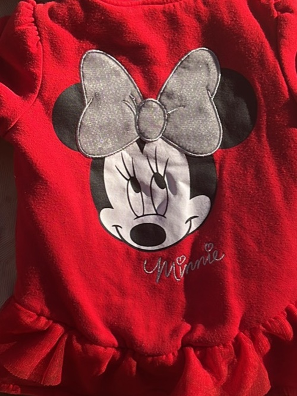 Disney Red Girls Minnie Bow Sweatshirt with Silver Sparkle
